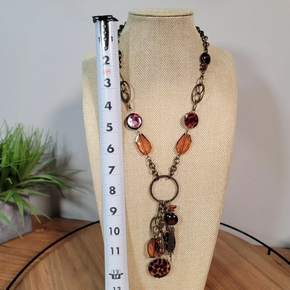 Antique Bronze Metal Statement Necklace with Amber beads and Chain Tassels Boho